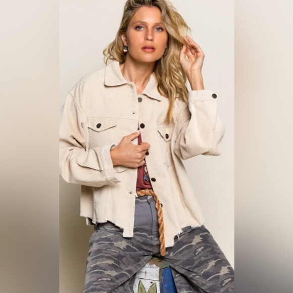POL Jackets & Blazers - POL Women's Beige Corduroy Utility Jacket Oversized Raw Frayed Hem Jacket Size L